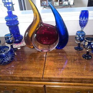 Young & Constantin Blue Red Purple Art Glass Vase Signed Collectible (red belly)